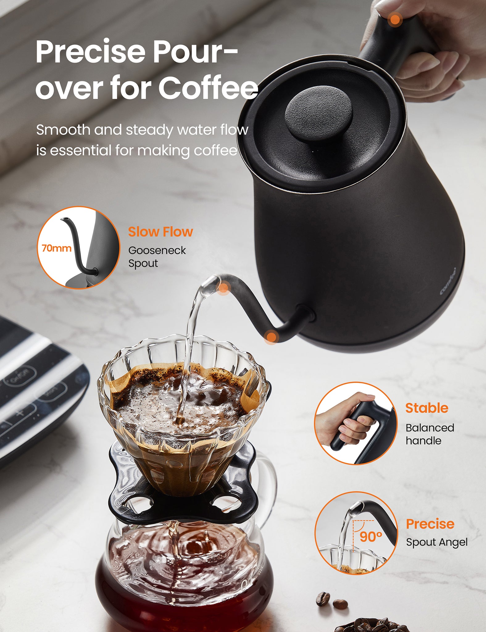 Hand pours water from our Comfee gooseneck electric kettle