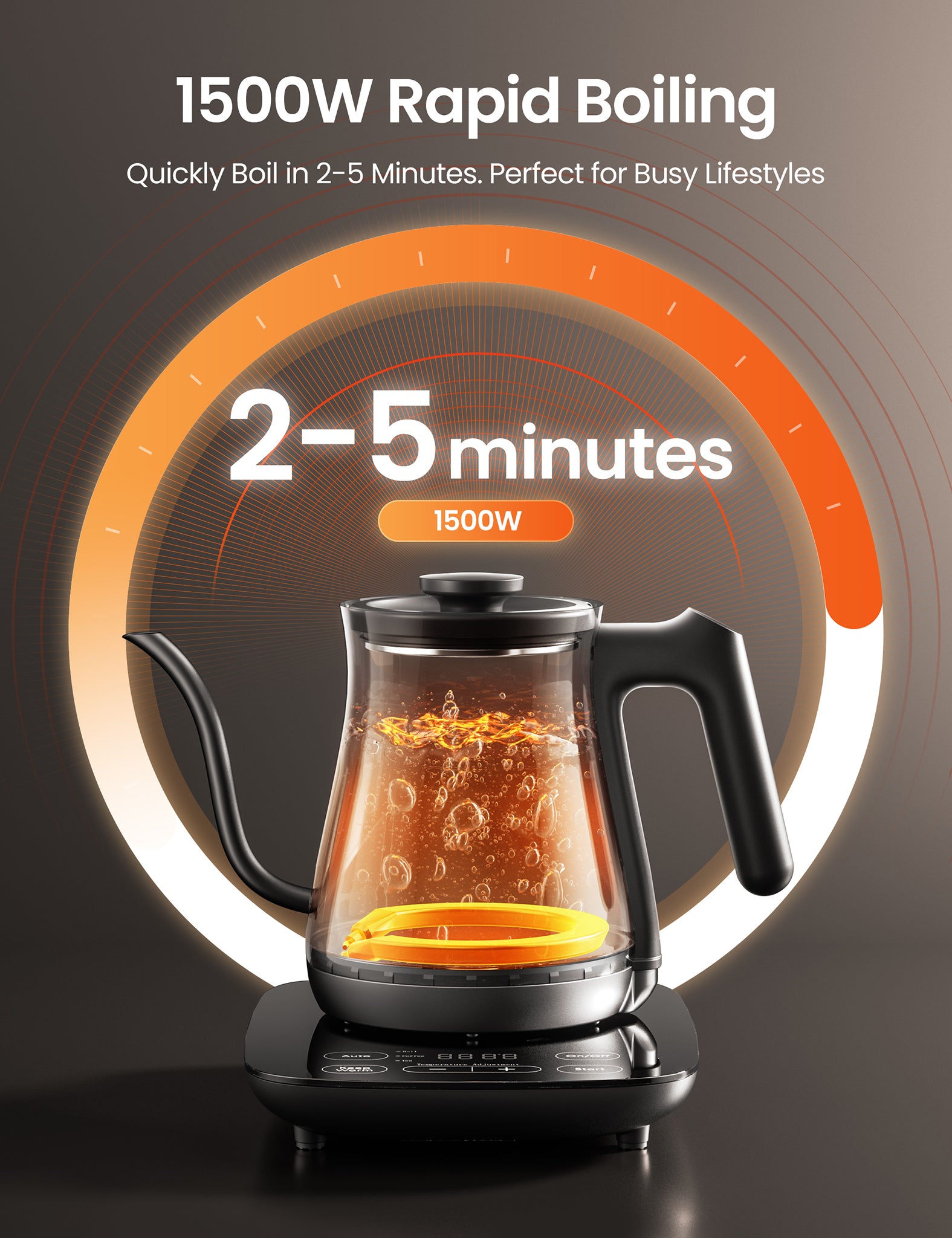 1500w power boils water in 2-5 minutes