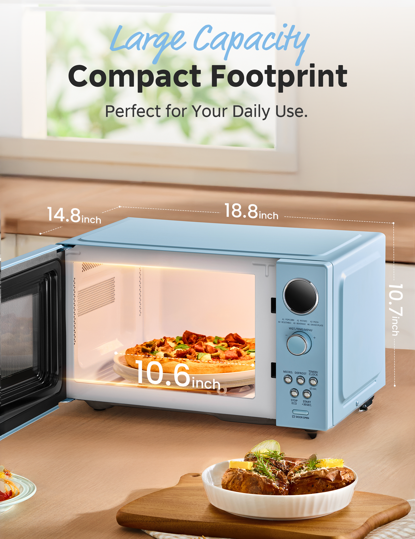 comfee microwave with open door, showing interior space and size dimensions