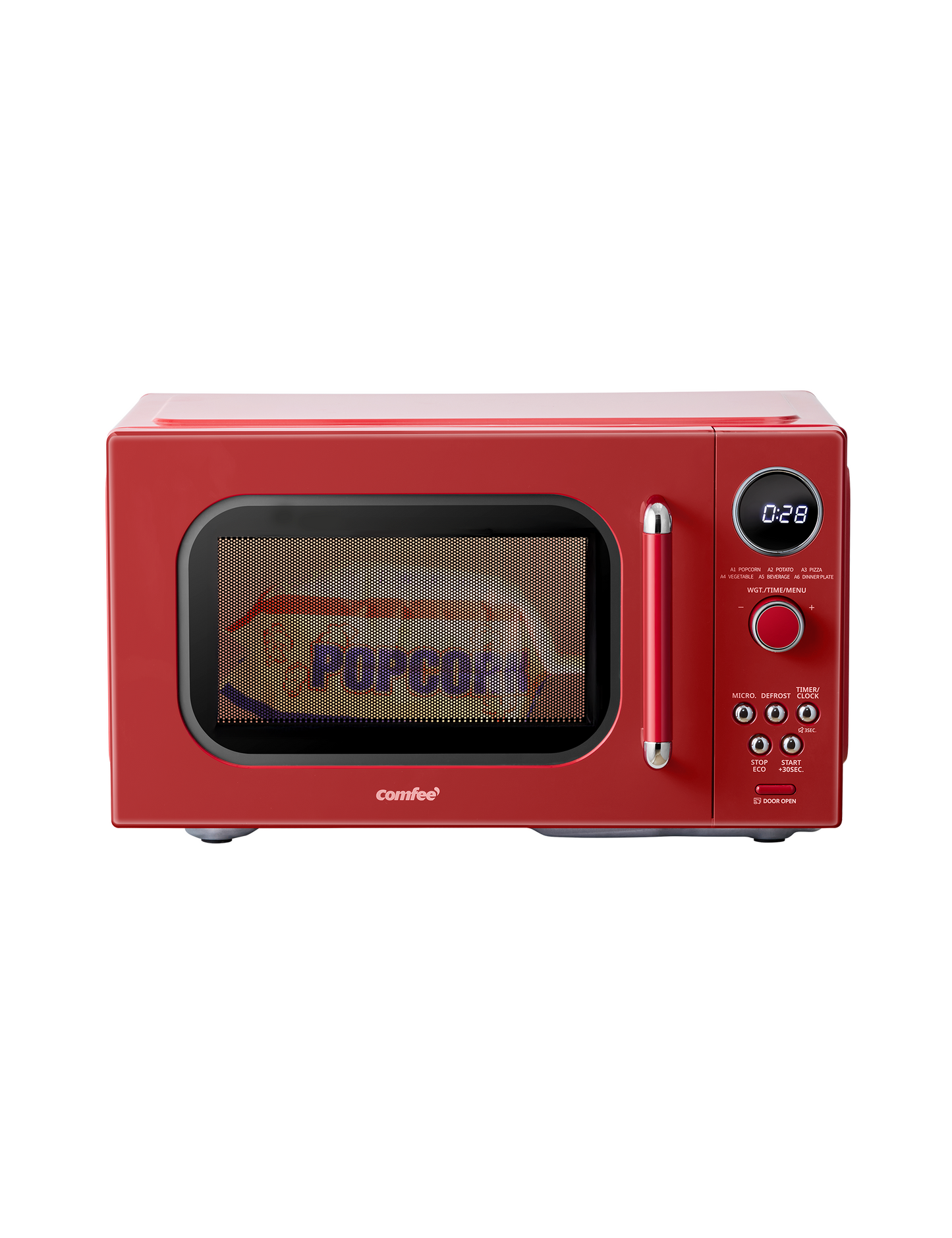 Front view of red microwave, displaying working status.