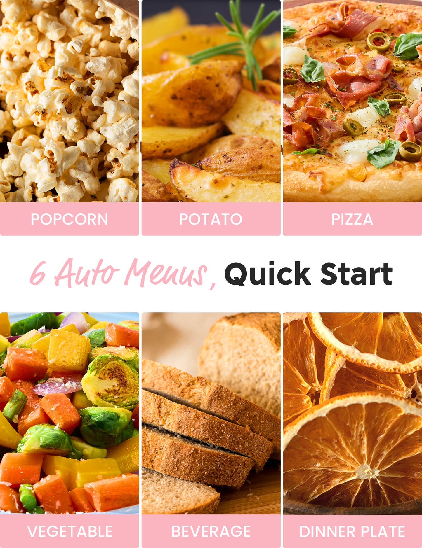 Various foods (popcorn, potato, pizza, etc.), indicating microwave’s 6 auto menus for different recipes.