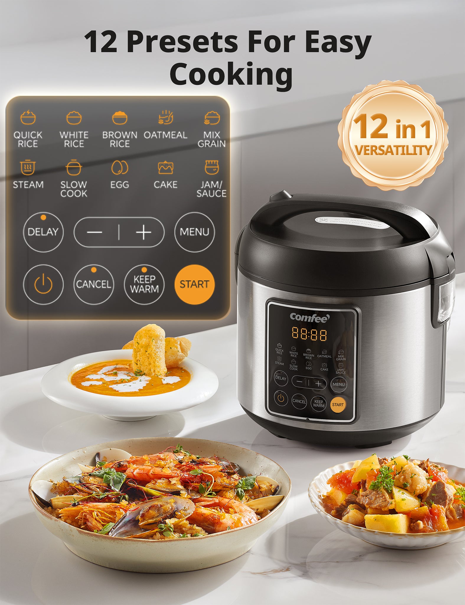 detail panel for comfee compact rice cooker, with foods beside of it