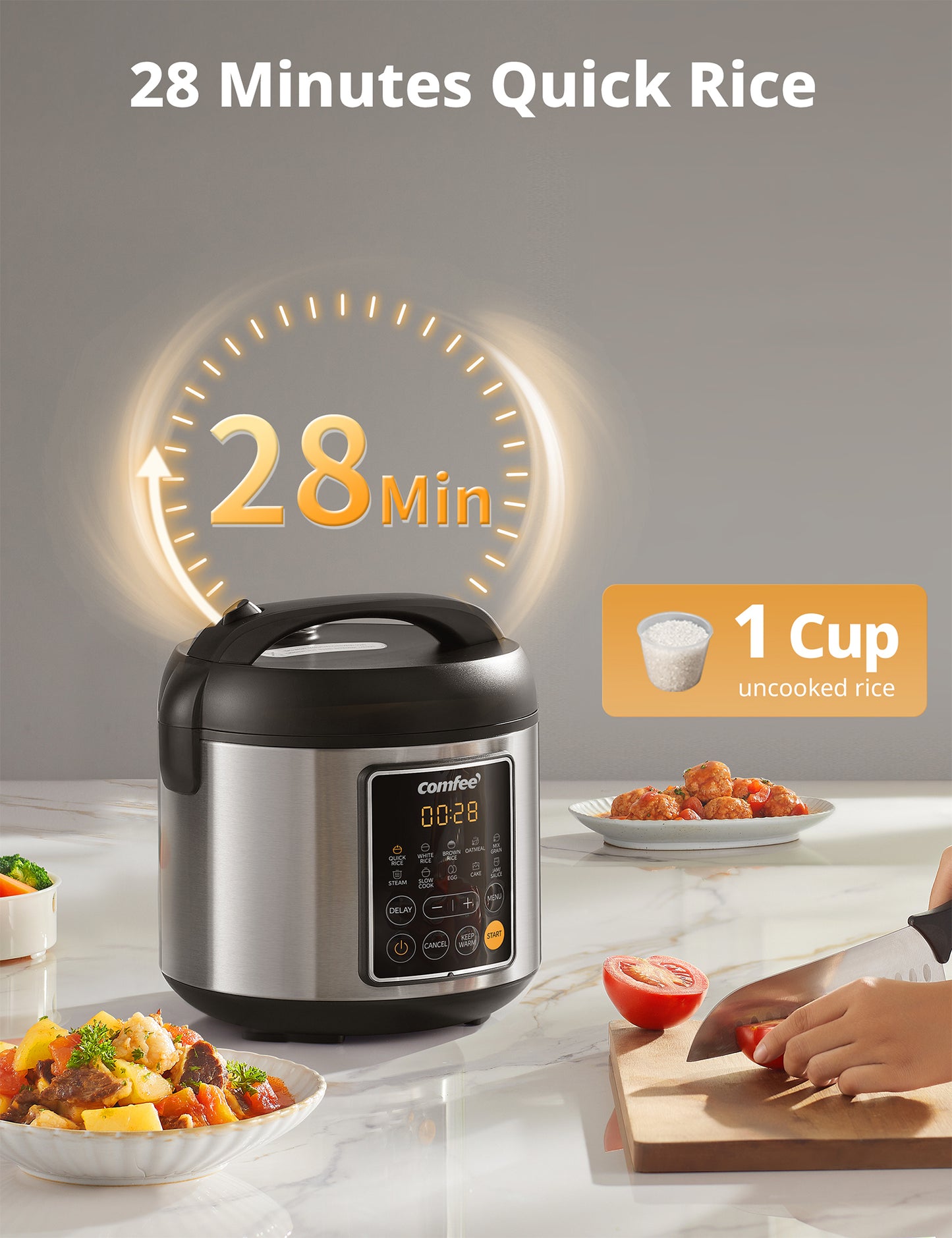 28-minute quick rice cooking feature.
