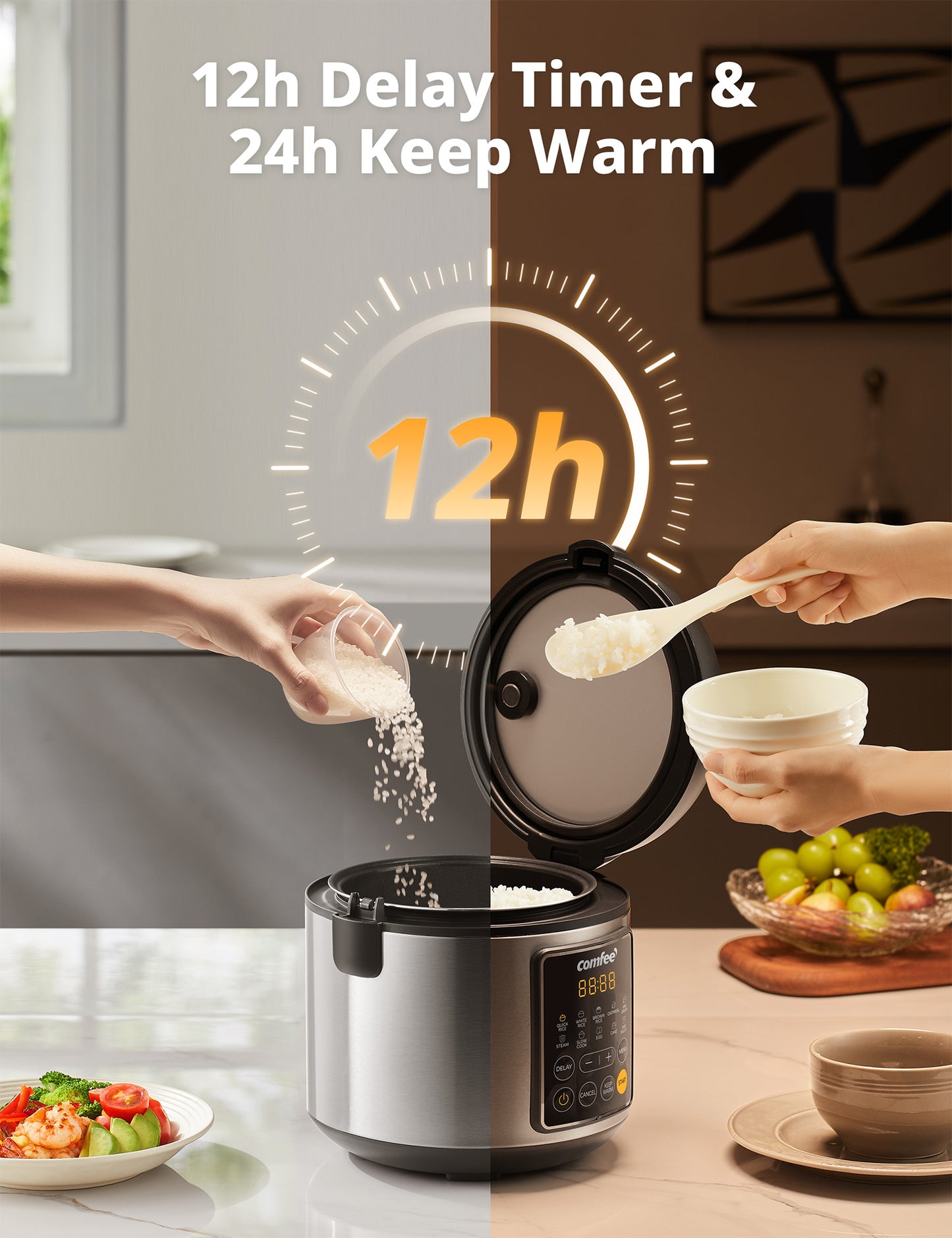 stainless steel comfee rice cooker with rice being cooked inside