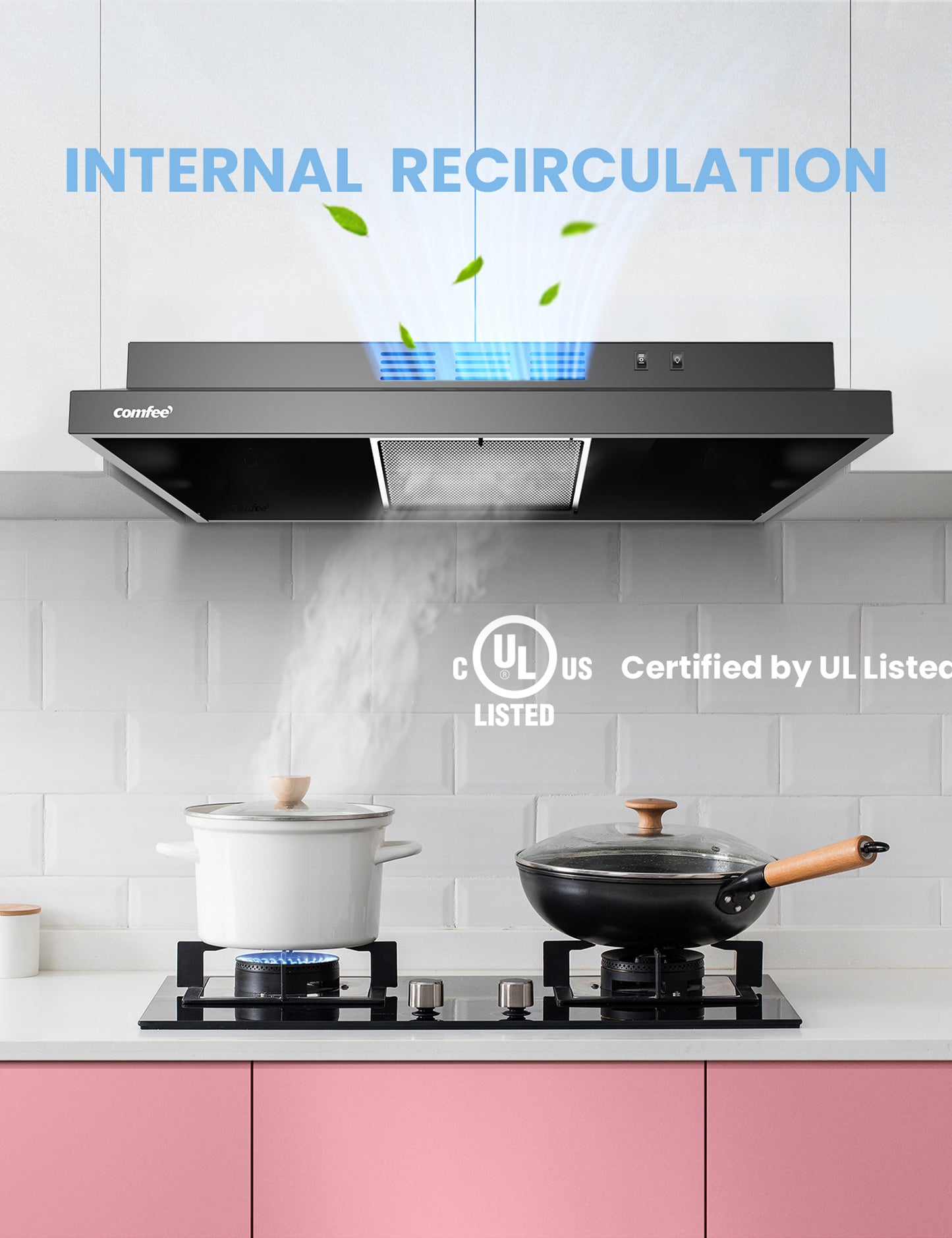 comfee ductless range hood under a white cabinet filtering air from a pot on a stovetop