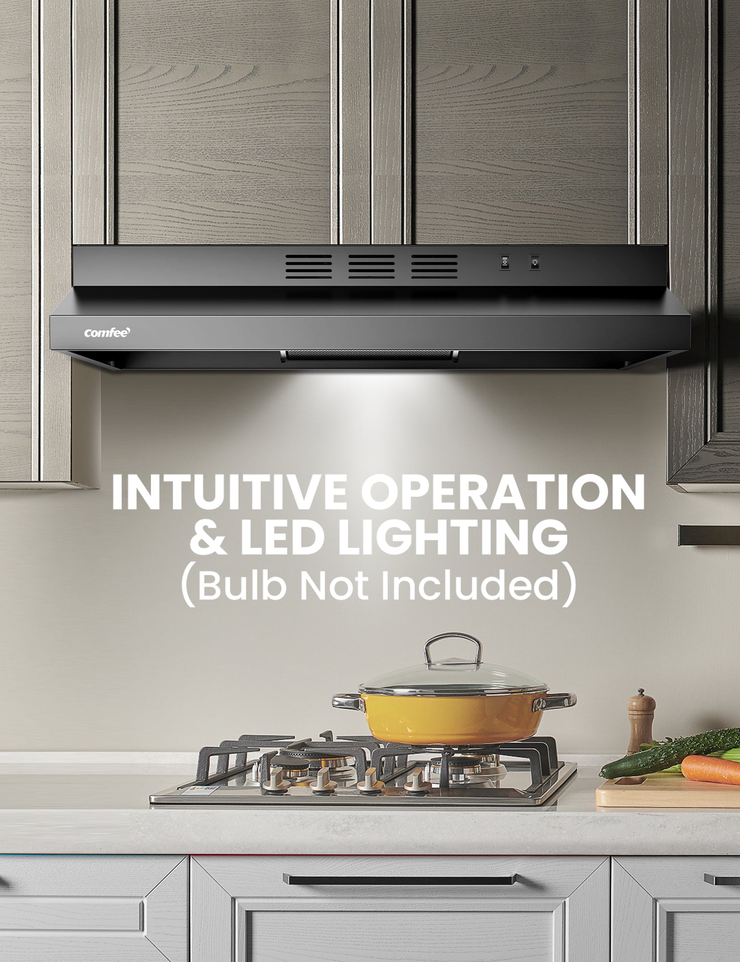 comfee ductless under cabinet range hood in a kitchen with led light on
