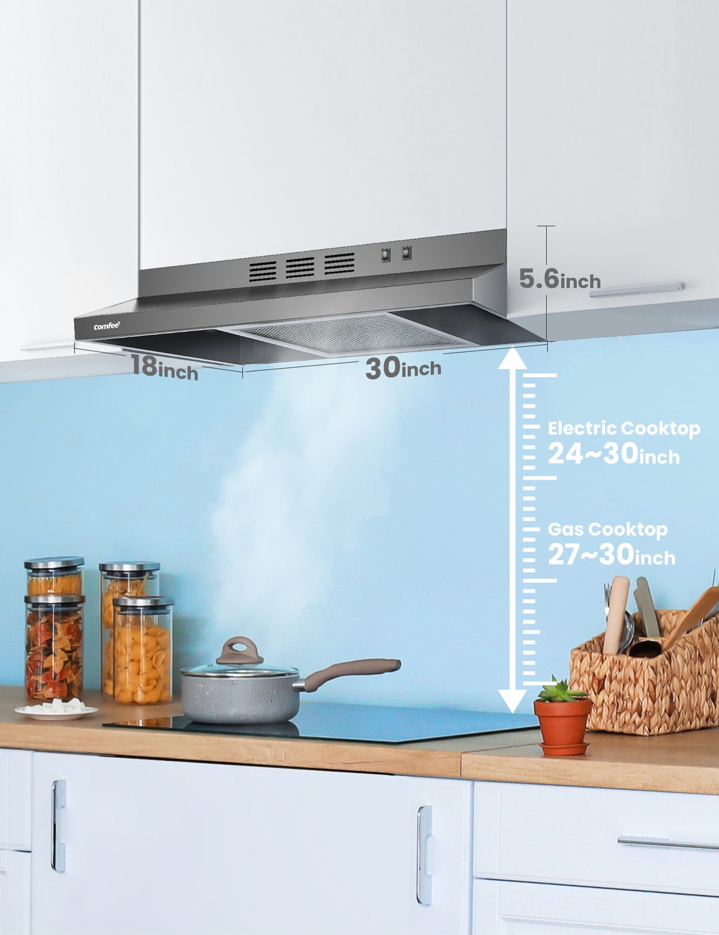 slim ductless hood attached to a kitchen cabinet above an electric stovetop