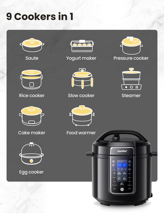9 functions show above a pressure cooker