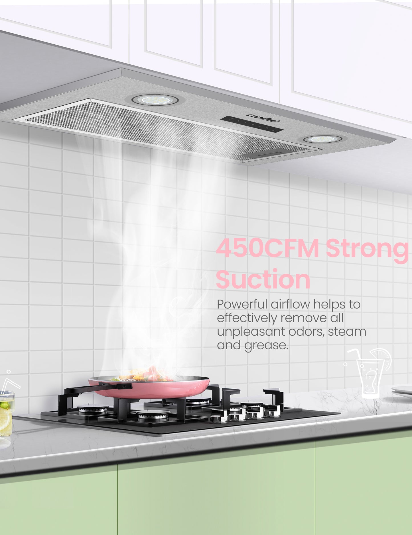 Comfee range hood sucking smoke from a boiling pot on a oven