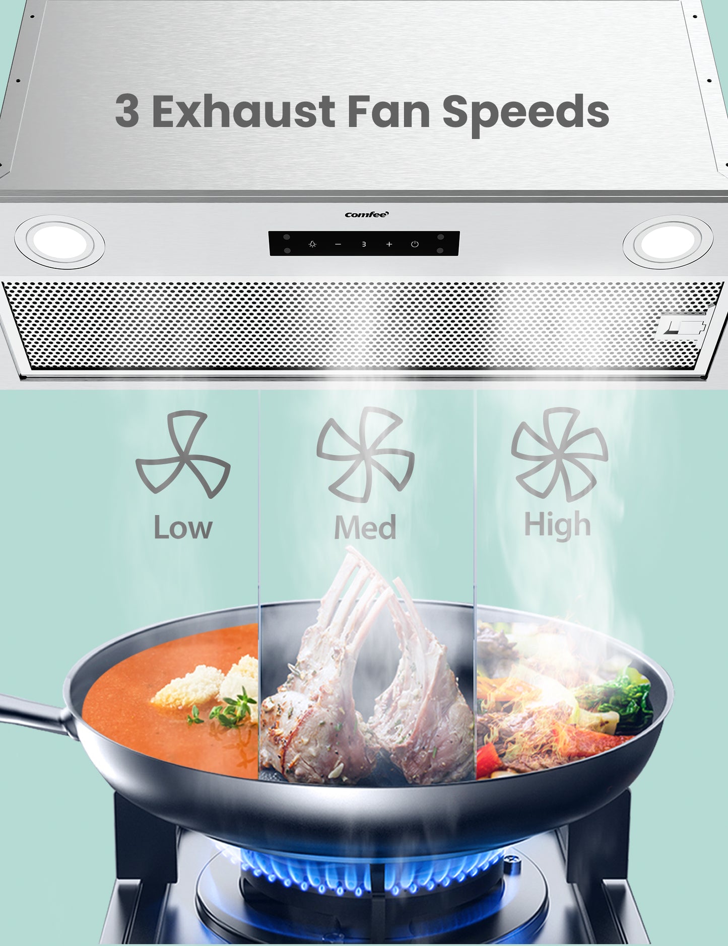 comfee kitchen insert hood above a pan of food