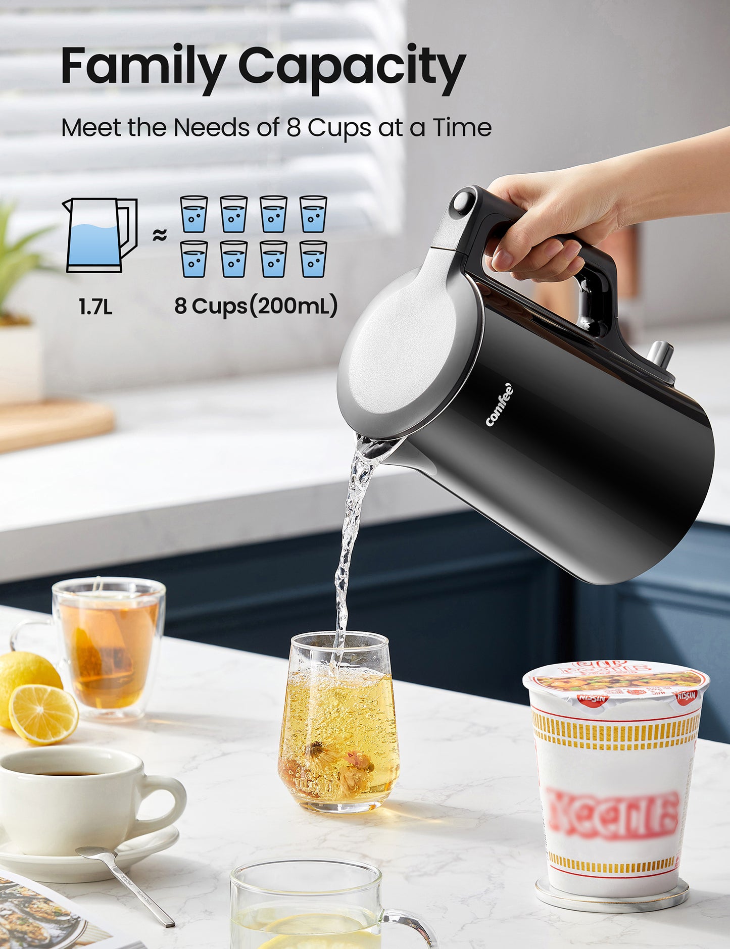 Someone was making tea with a kettle, and there were all kinds of drinks on the table