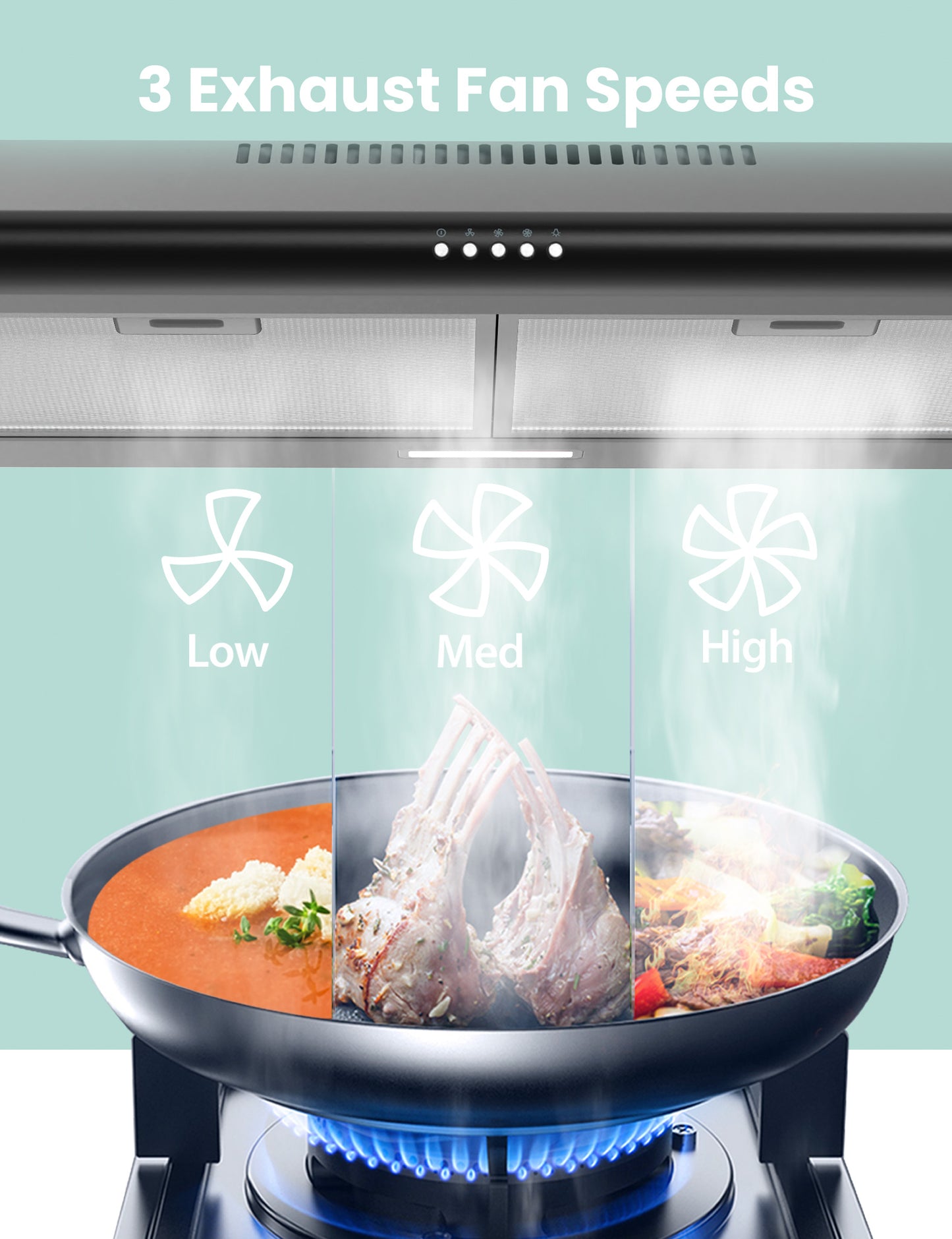 comfee kitchen vent hood above a pan of food