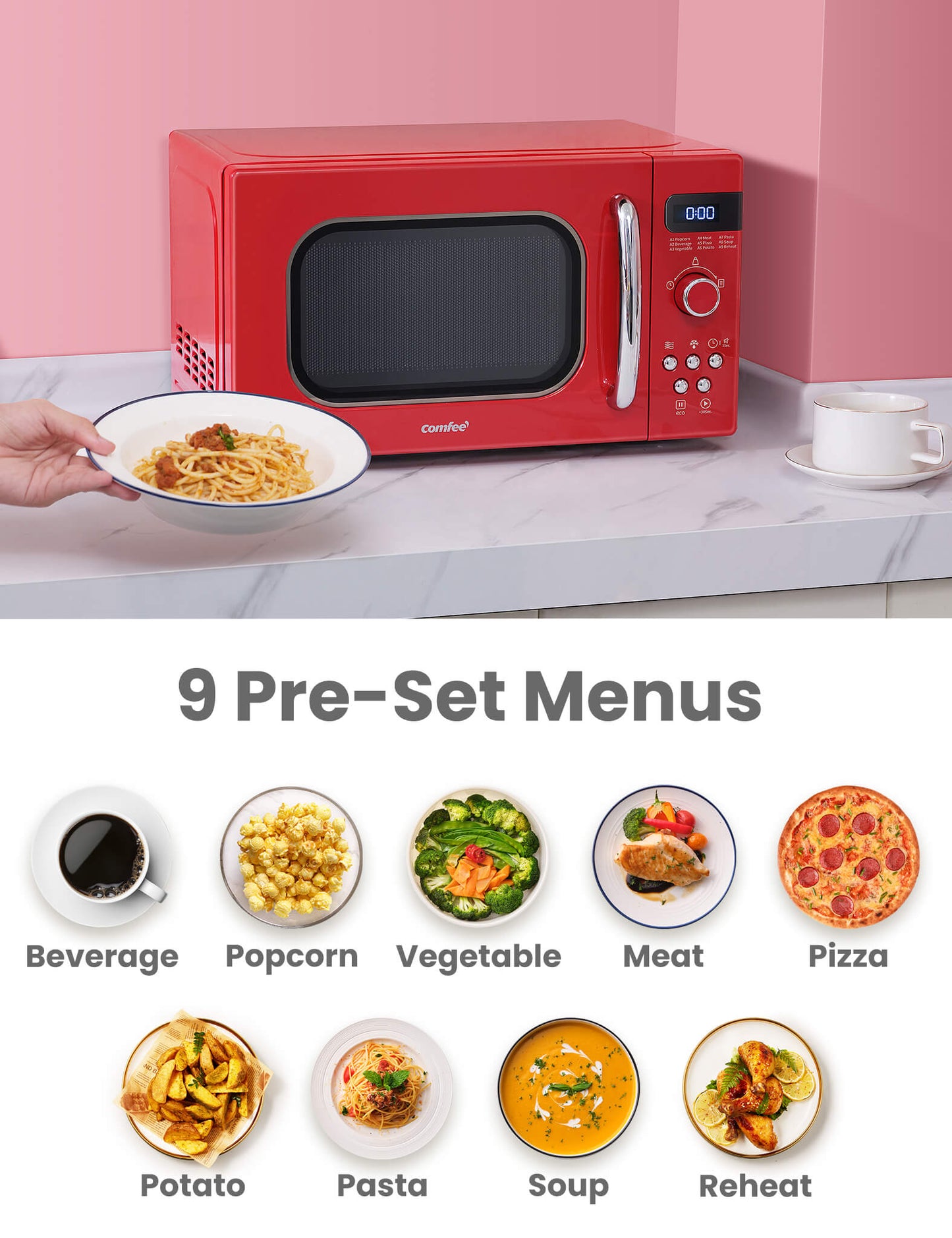 a plate of pasta next to the red microwave
