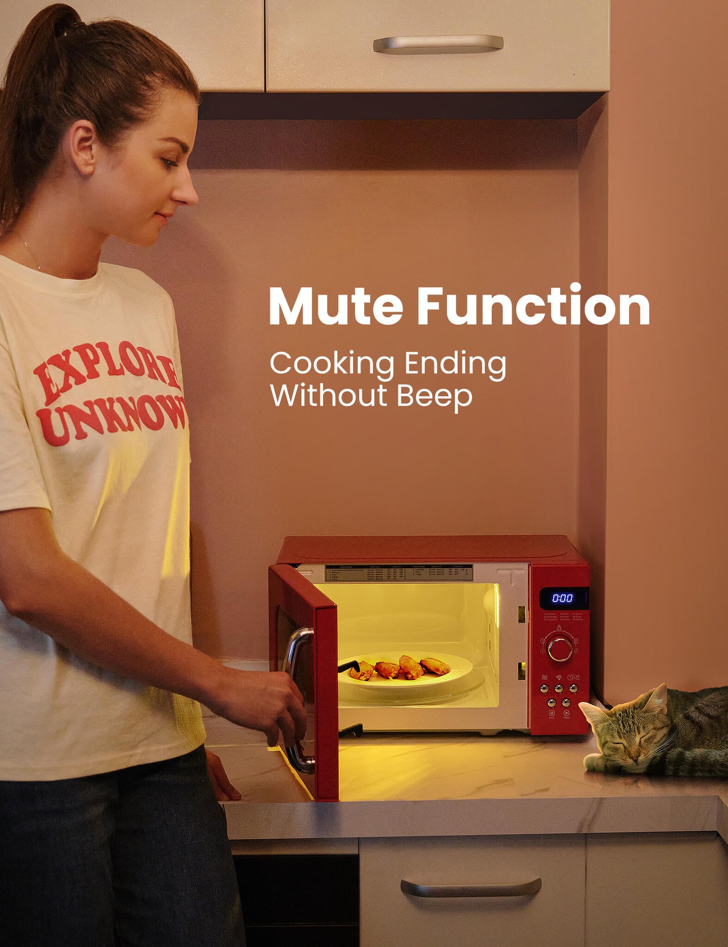 A woman opens a microwave oven with a sleeping cat next to her