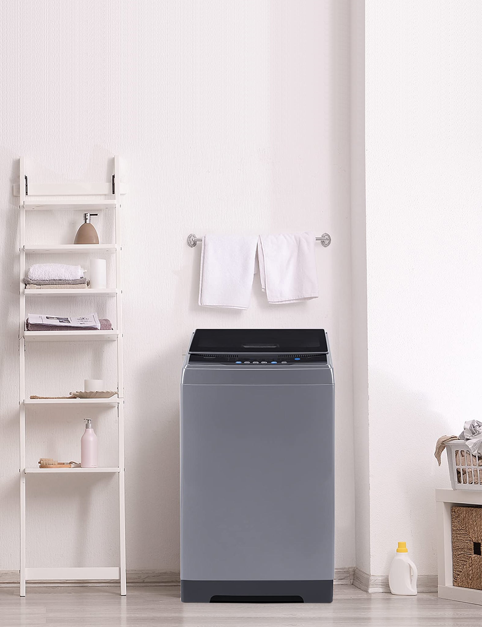 there are some toiletries next to the gray washing machine