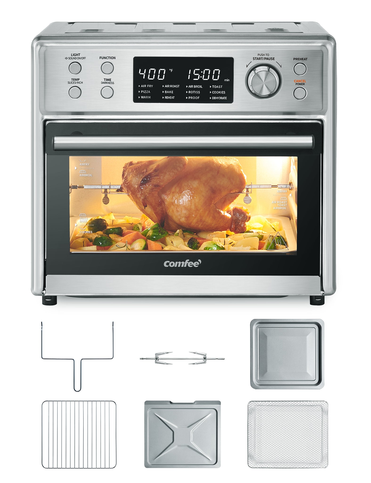 Comfee air fryer toaster oven with a whole chicken inside