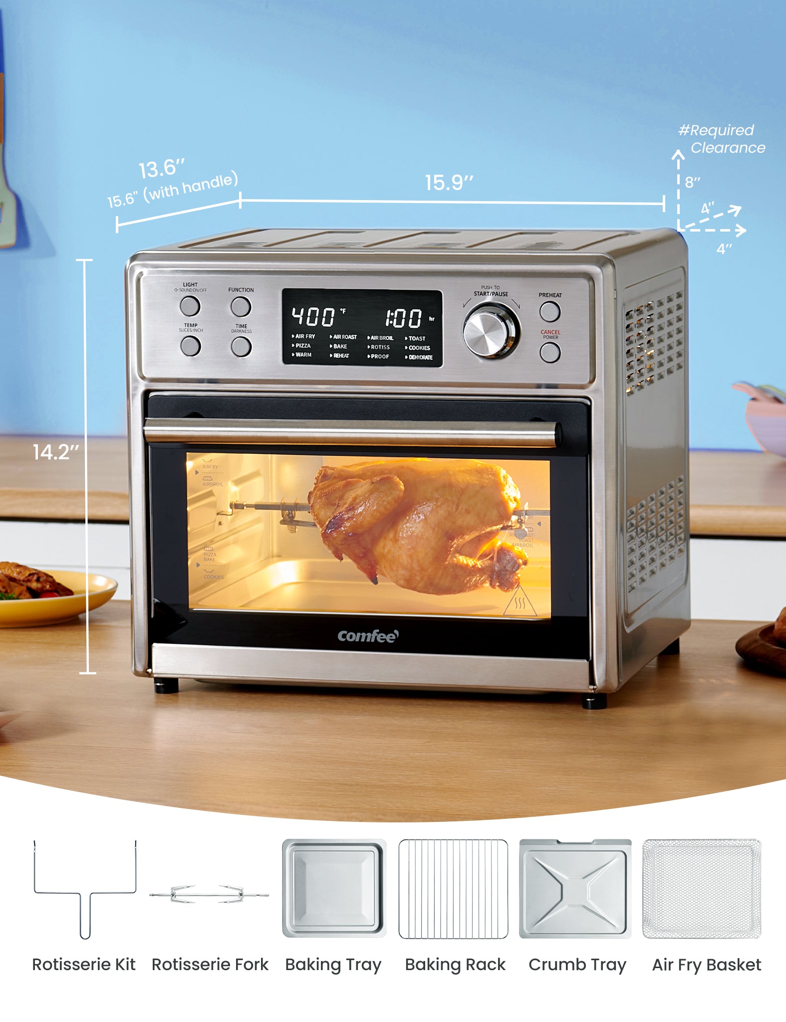 Dimensions of the air fryer toaster oven and six accessories