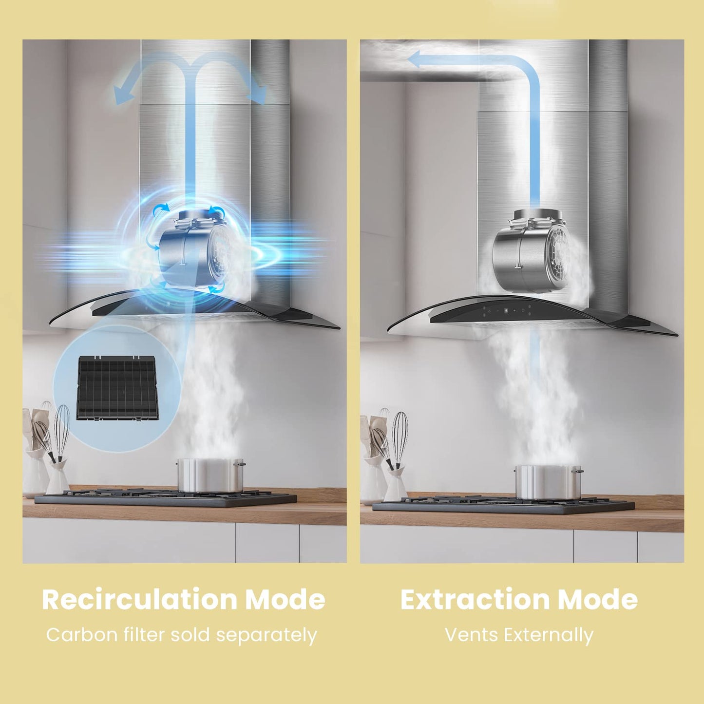 curved glass range hood sucking smoke from a pot on a oven