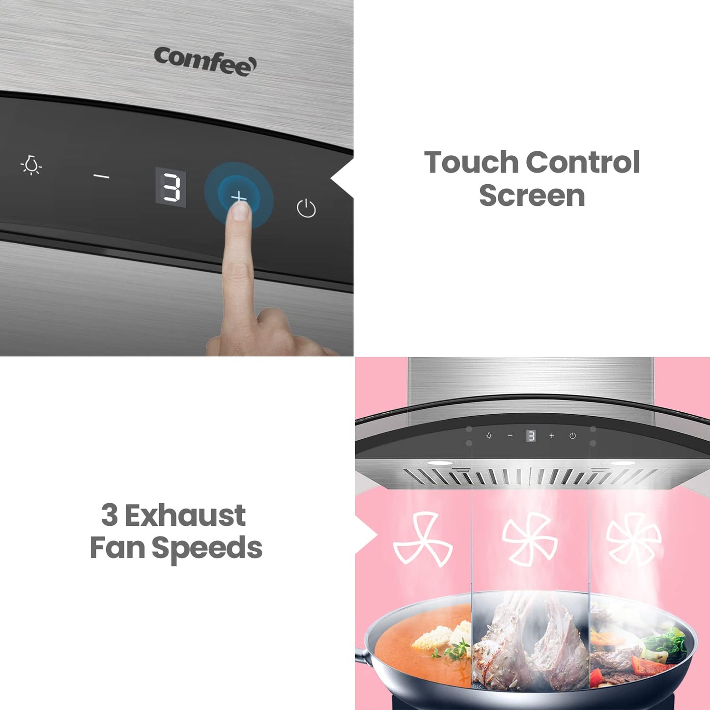 features of comfee curved glass range hood