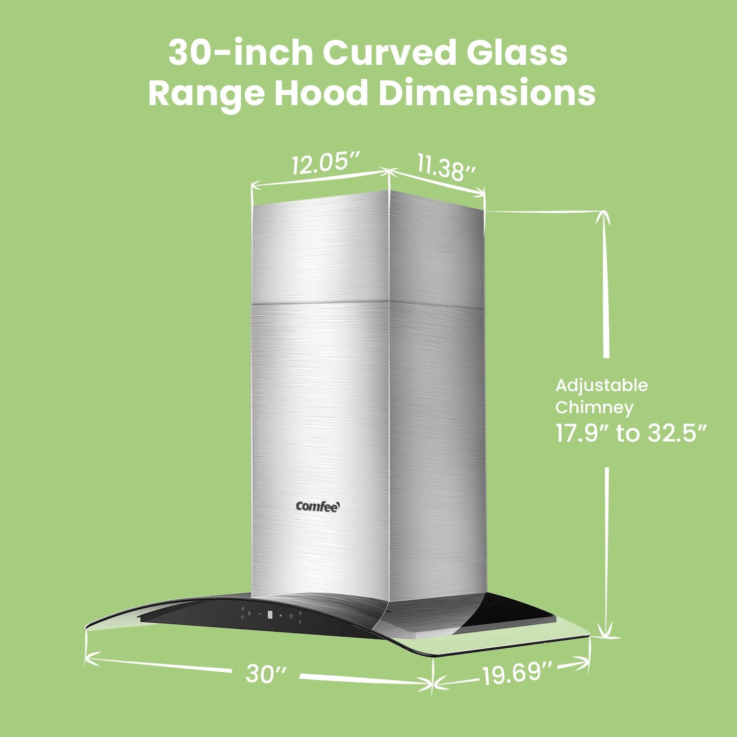 measurements of the comfee curved glass range hood