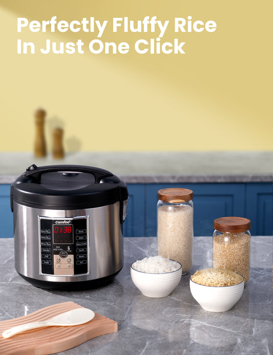 comfee rice cooker next to two bowls of rice