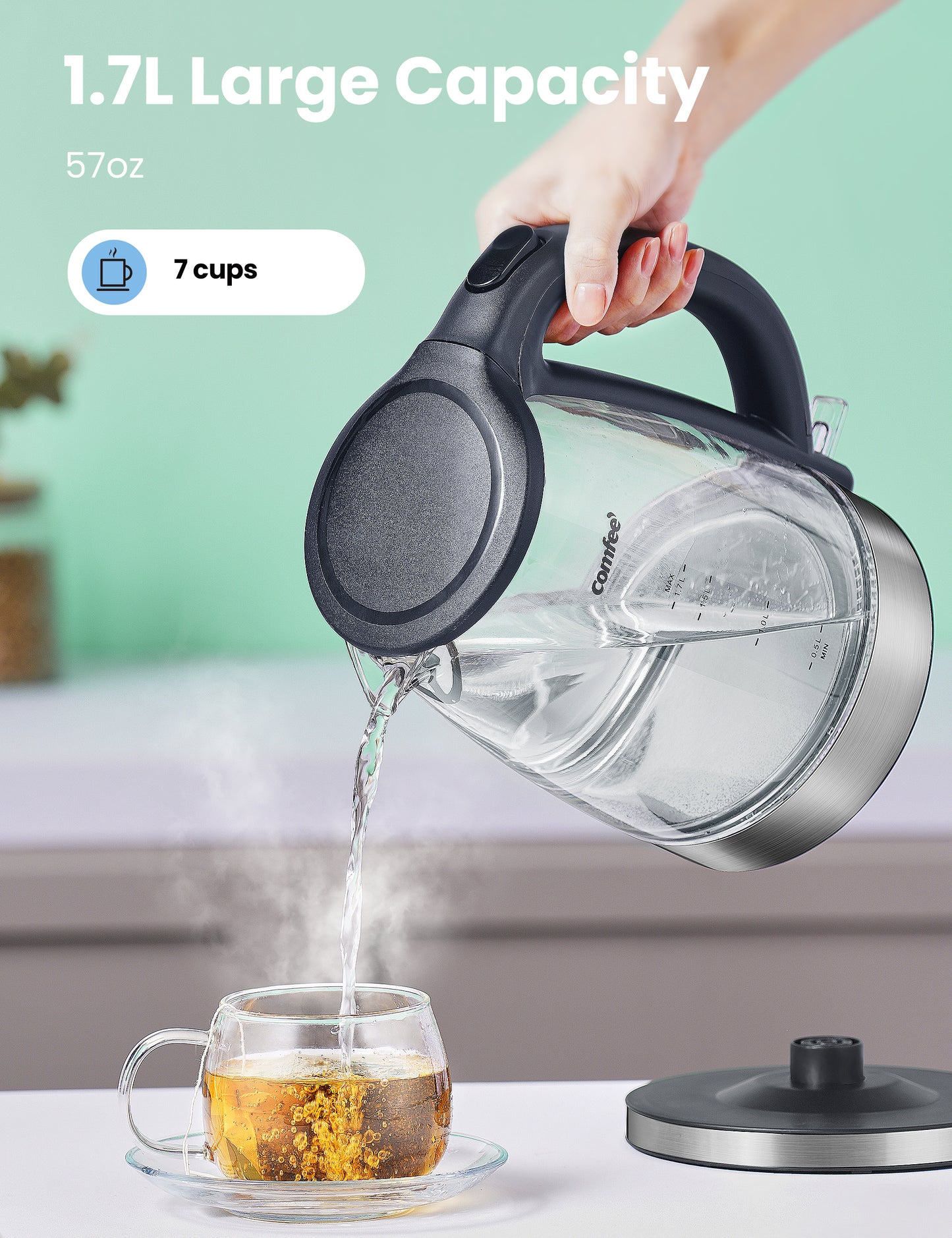 comfee electric glass kettle contains 1.7L capacity