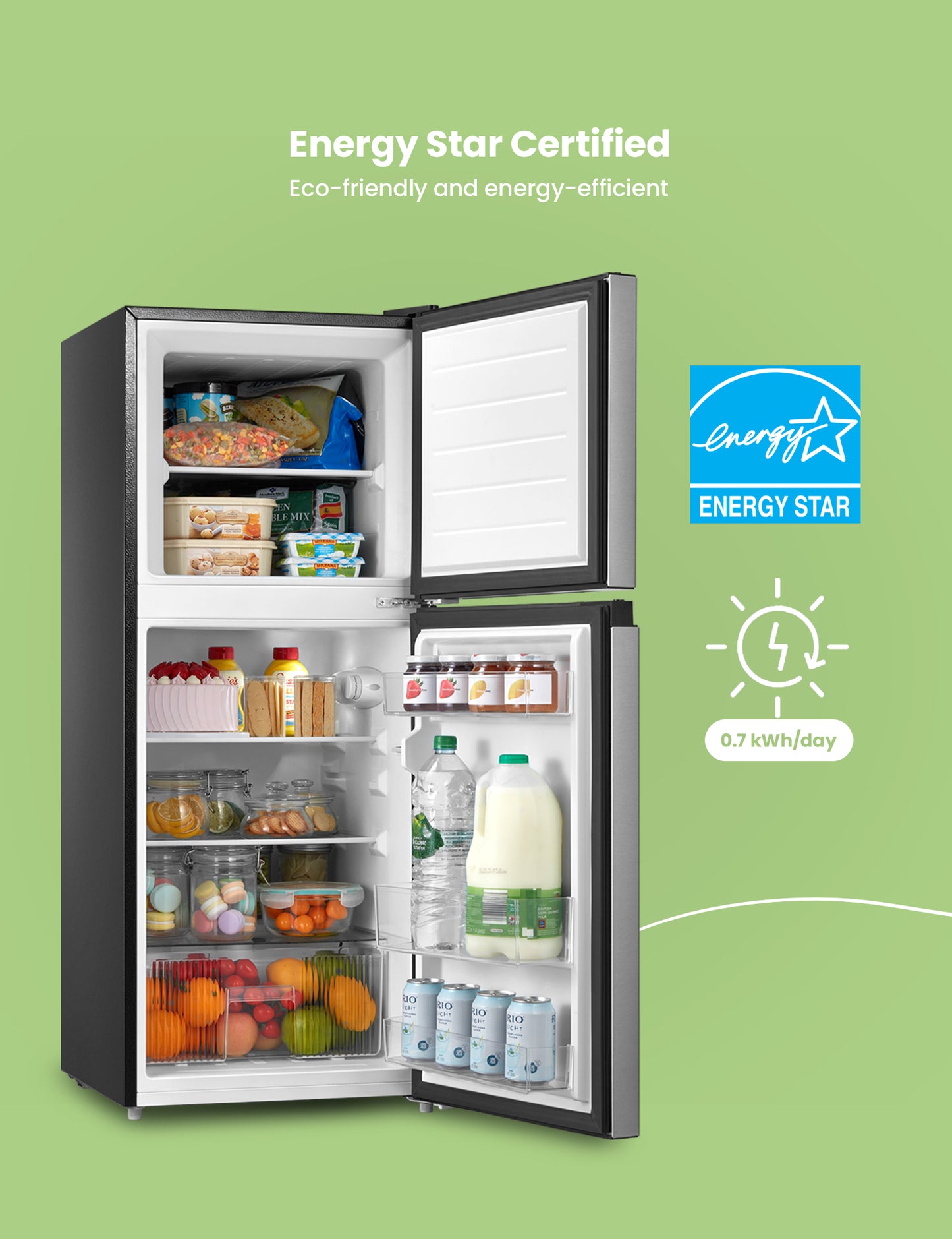 opened refrigerator with a variety of food and drinks