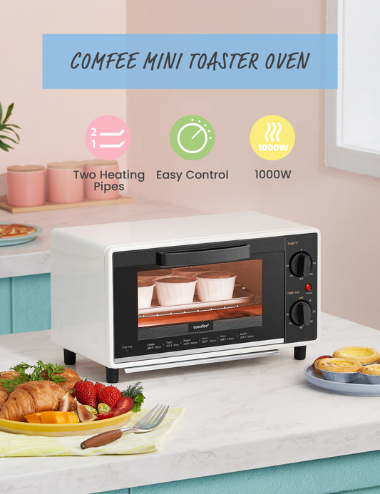 functions of mini countertop toaster oven and some foods next to it