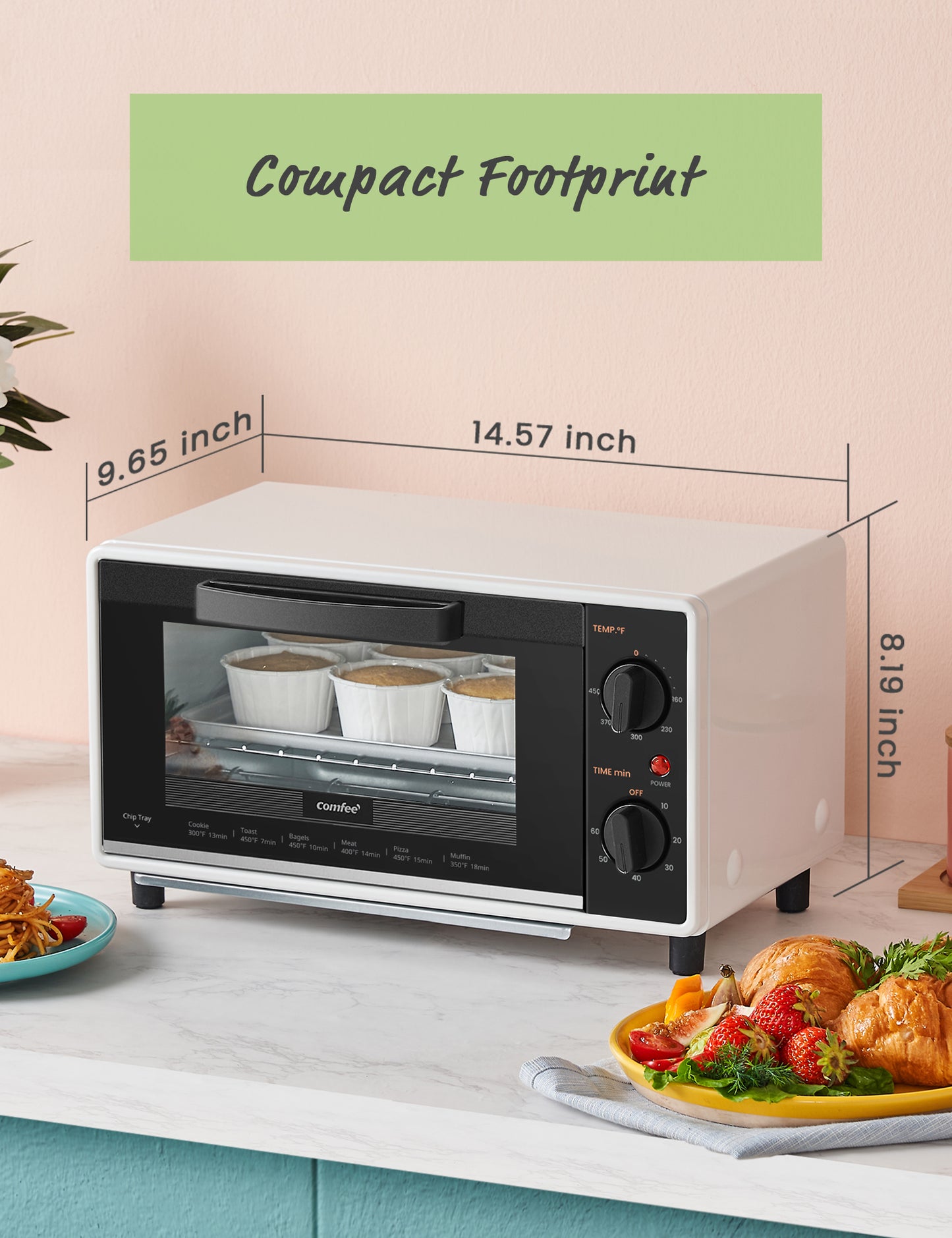show dimension of toaster oven with cupcakes inside, and some foods next to it