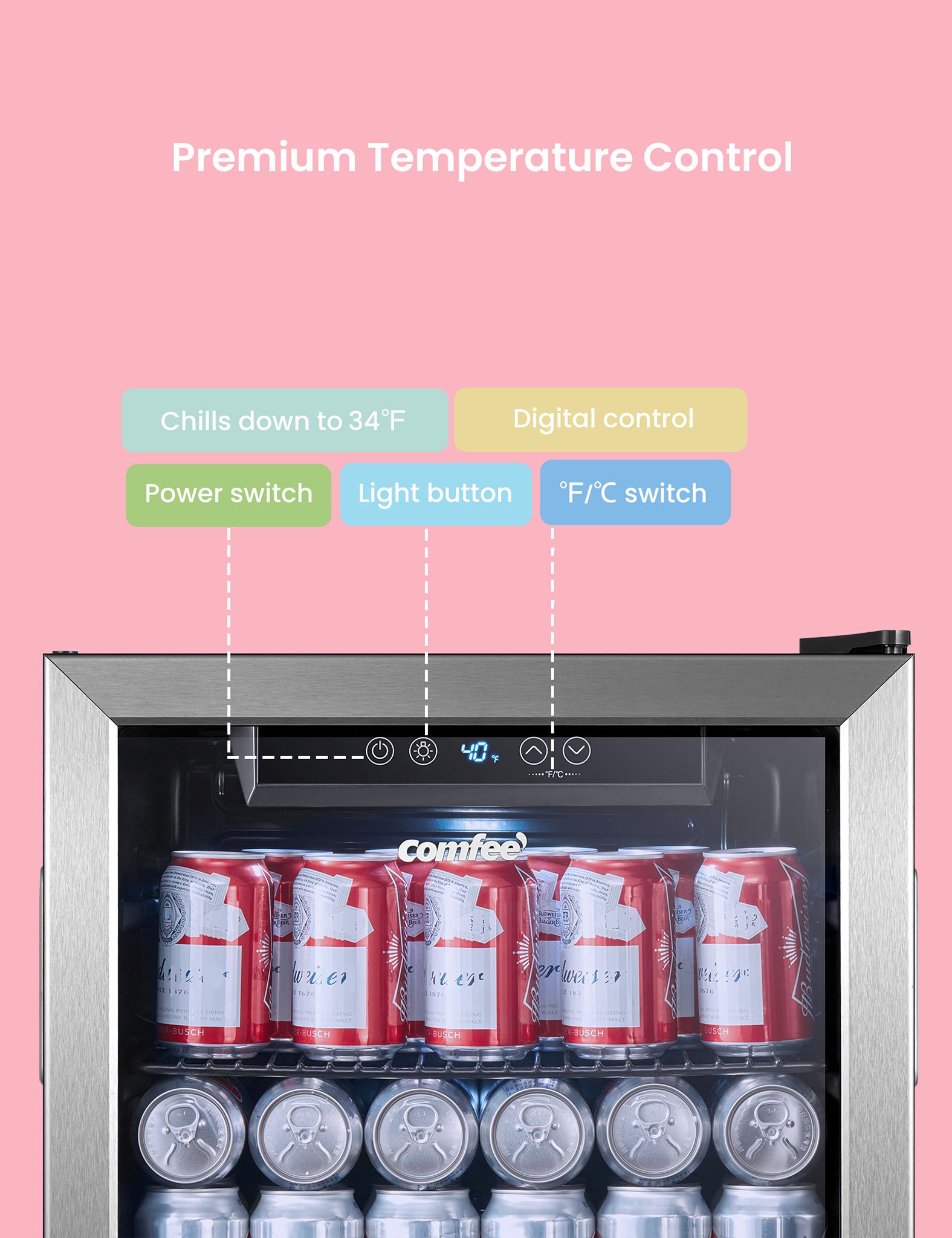 cans of beer and soda in a beverage cooler fridge