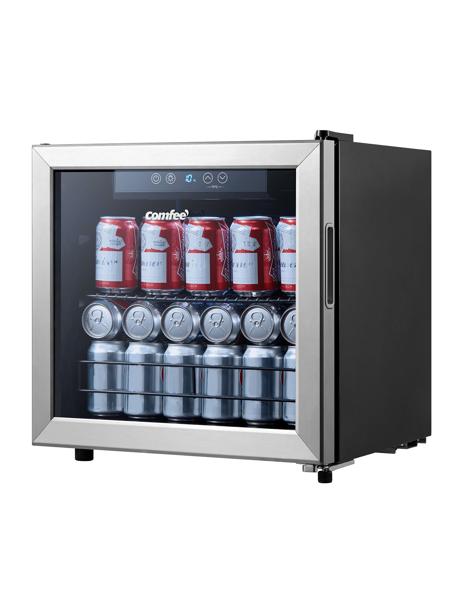 cans of beer and soda in a mini beverage cooler fridge