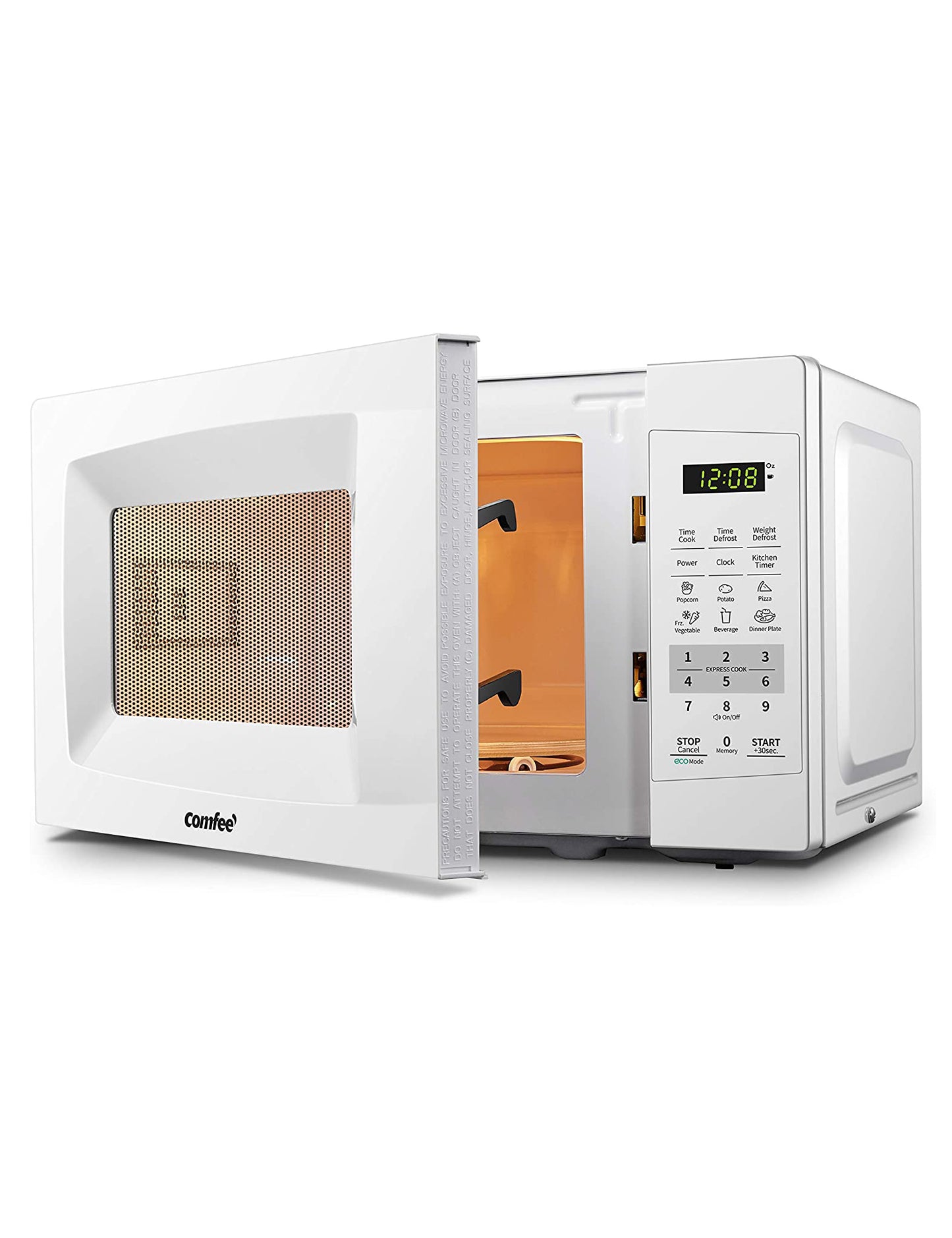small white comfee microwave oven with half open door