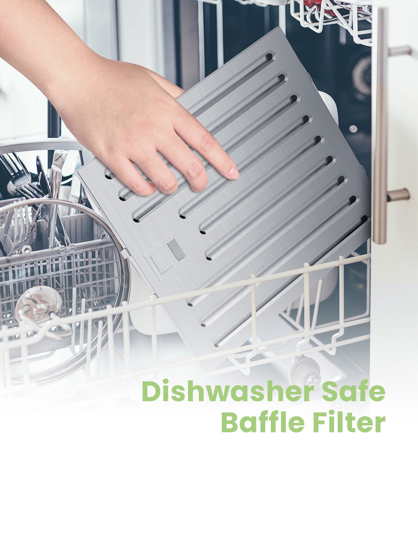 hand putting comfee range hood baffle filter in a dishwasher