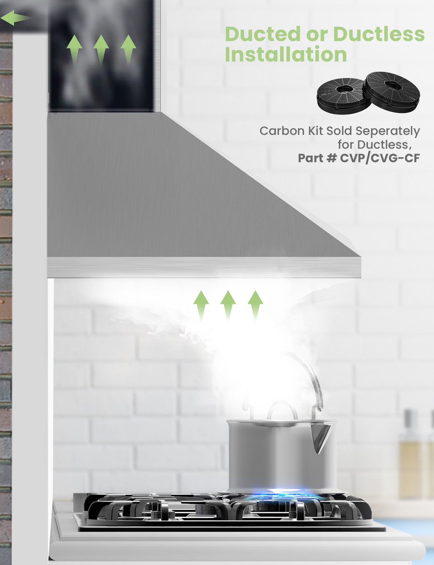 wall mount ducted range hood sucking smoke from a kettle on a oven