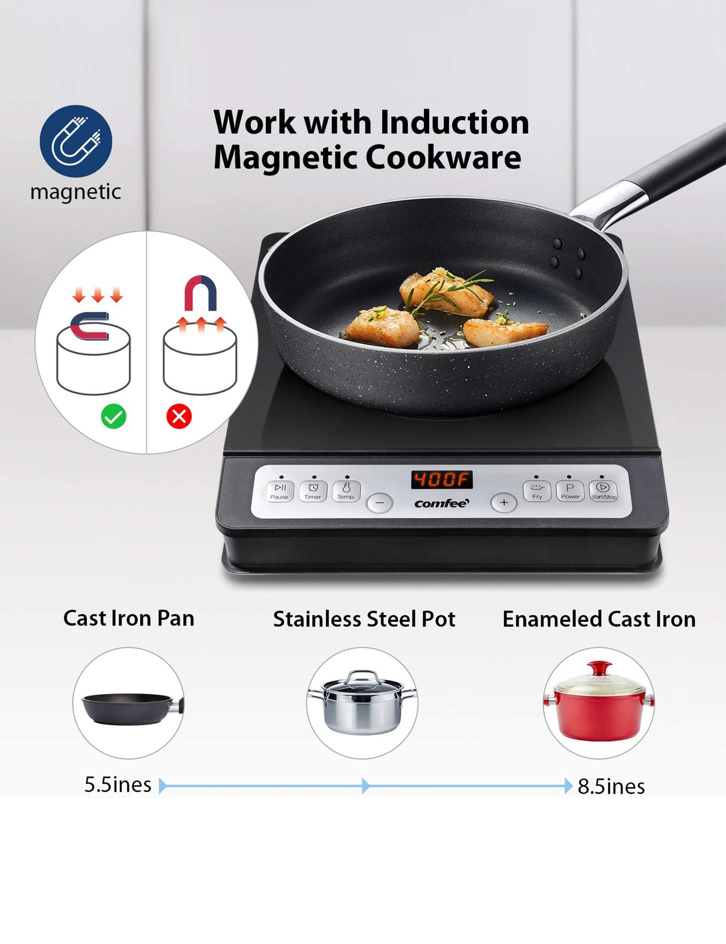 fish being fried in a cast iron pan on the comfee electric induction cooktop