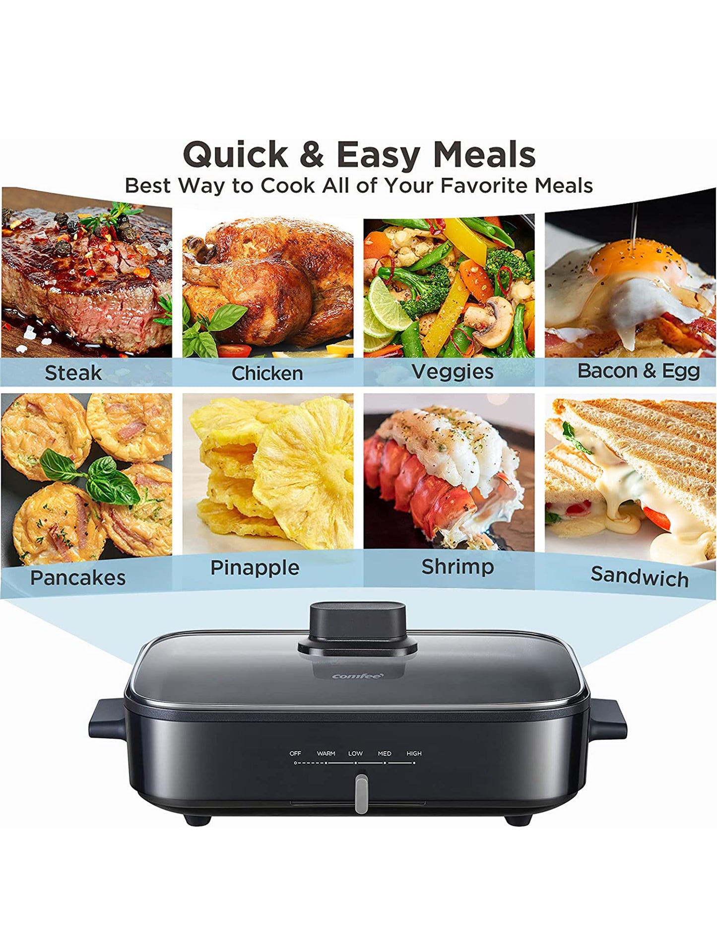 comfee electric skillet underneath various food types