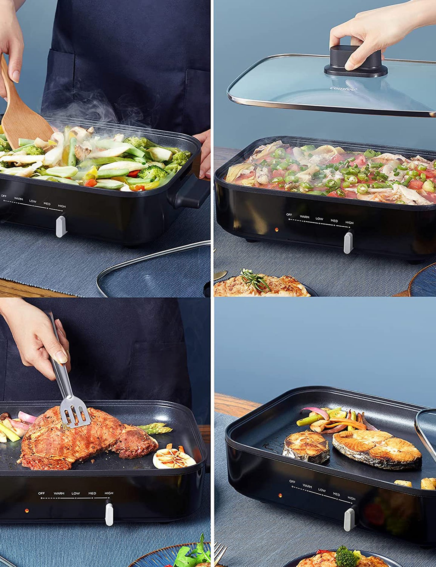 various food types being cooked by the comfee electric skillet pan
