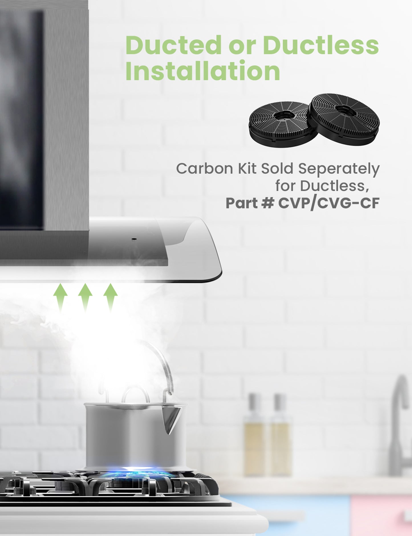 ductless range hood sucking steam from a boiling pot on a stove