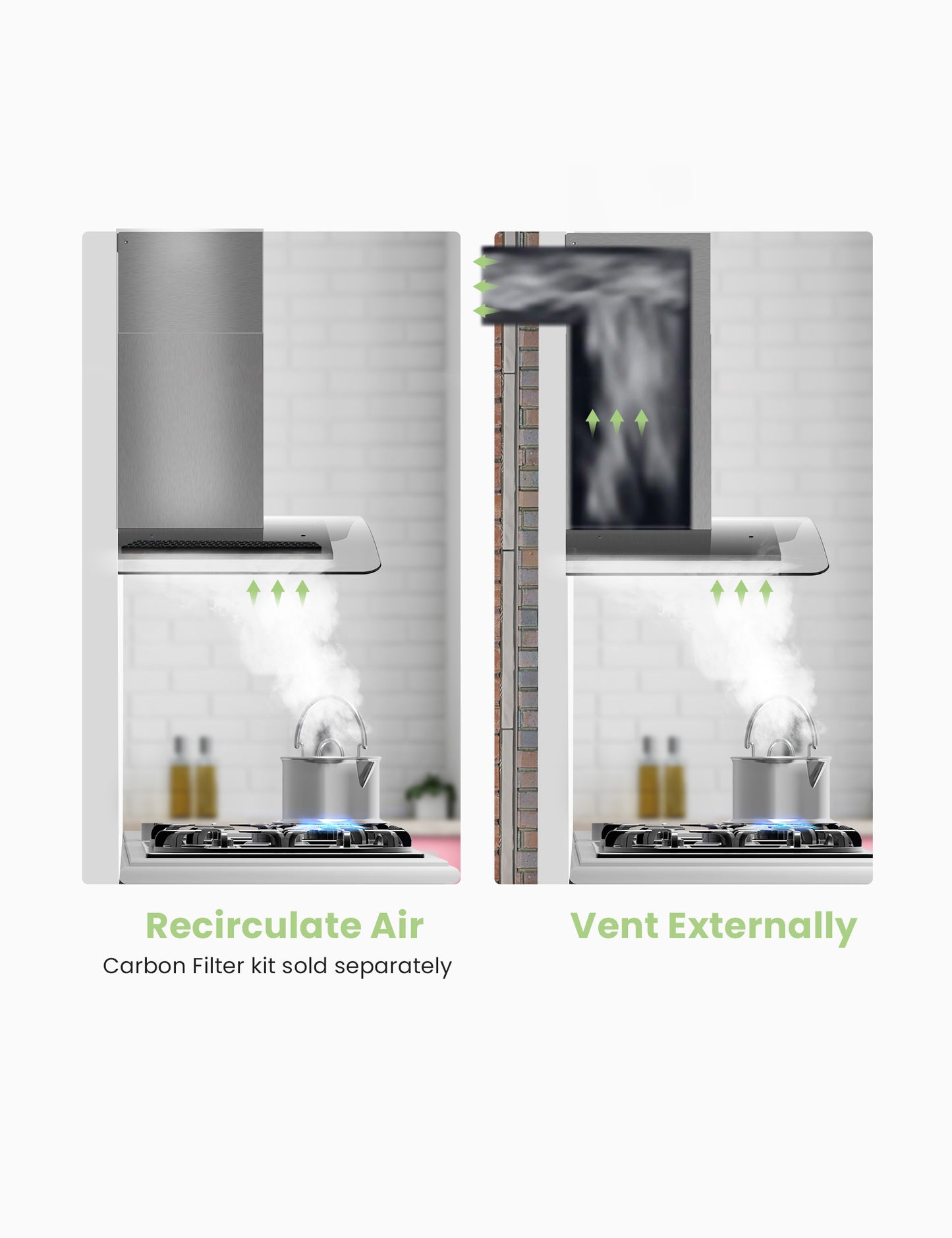 wall mounted range hood vent sucking smoke from a boiling pot