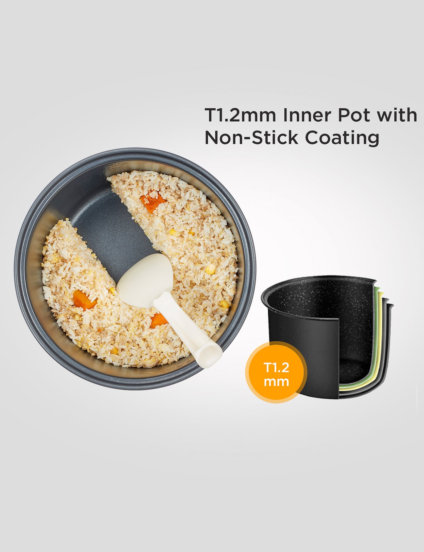 overhead view of non stick rice cooker pot with rice inside