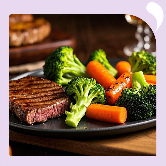 a plate of Honey-Roasted Veggies and Steak