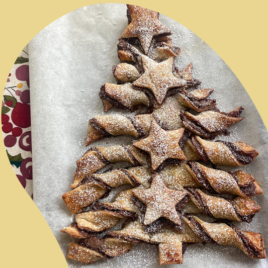 chocolate puff pastry christmas tree with sugar on top