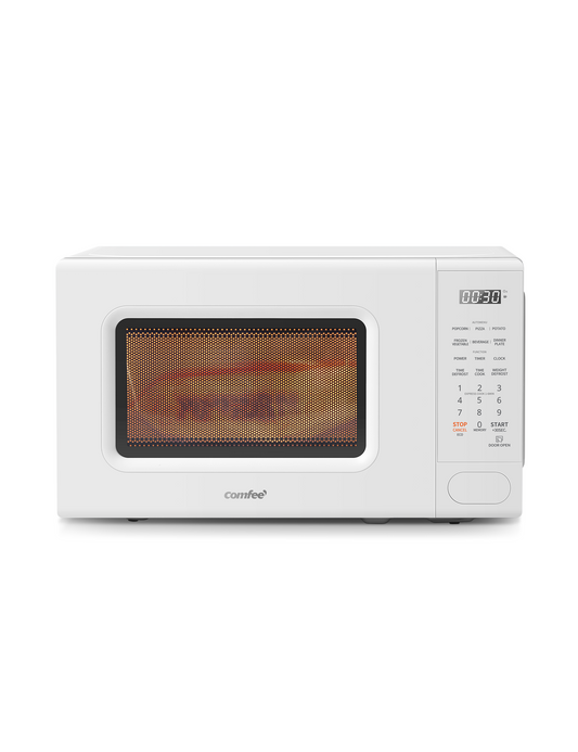 Front view of a white microwave