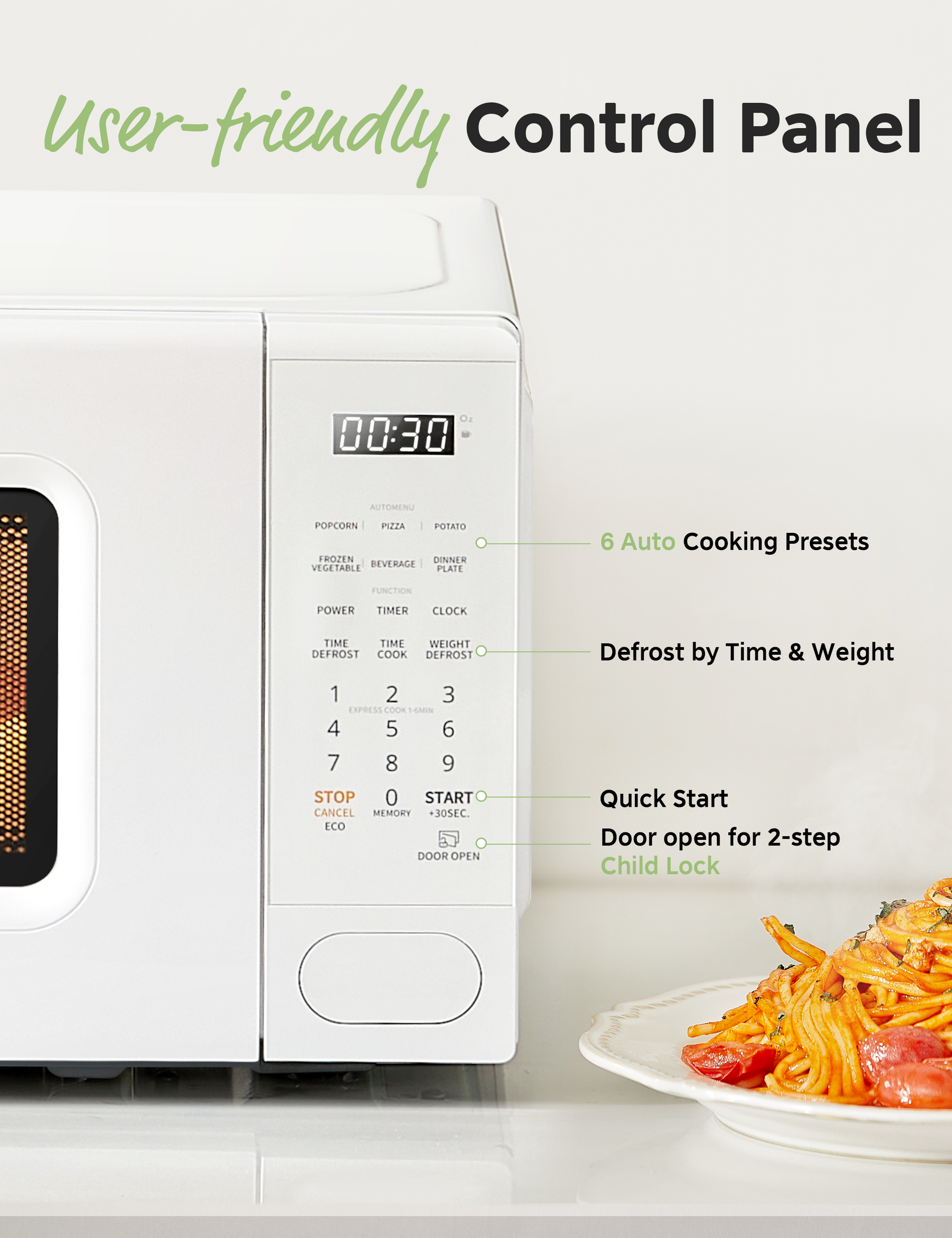 Close-up of microwave’s user-friendly control panel with operation guides.