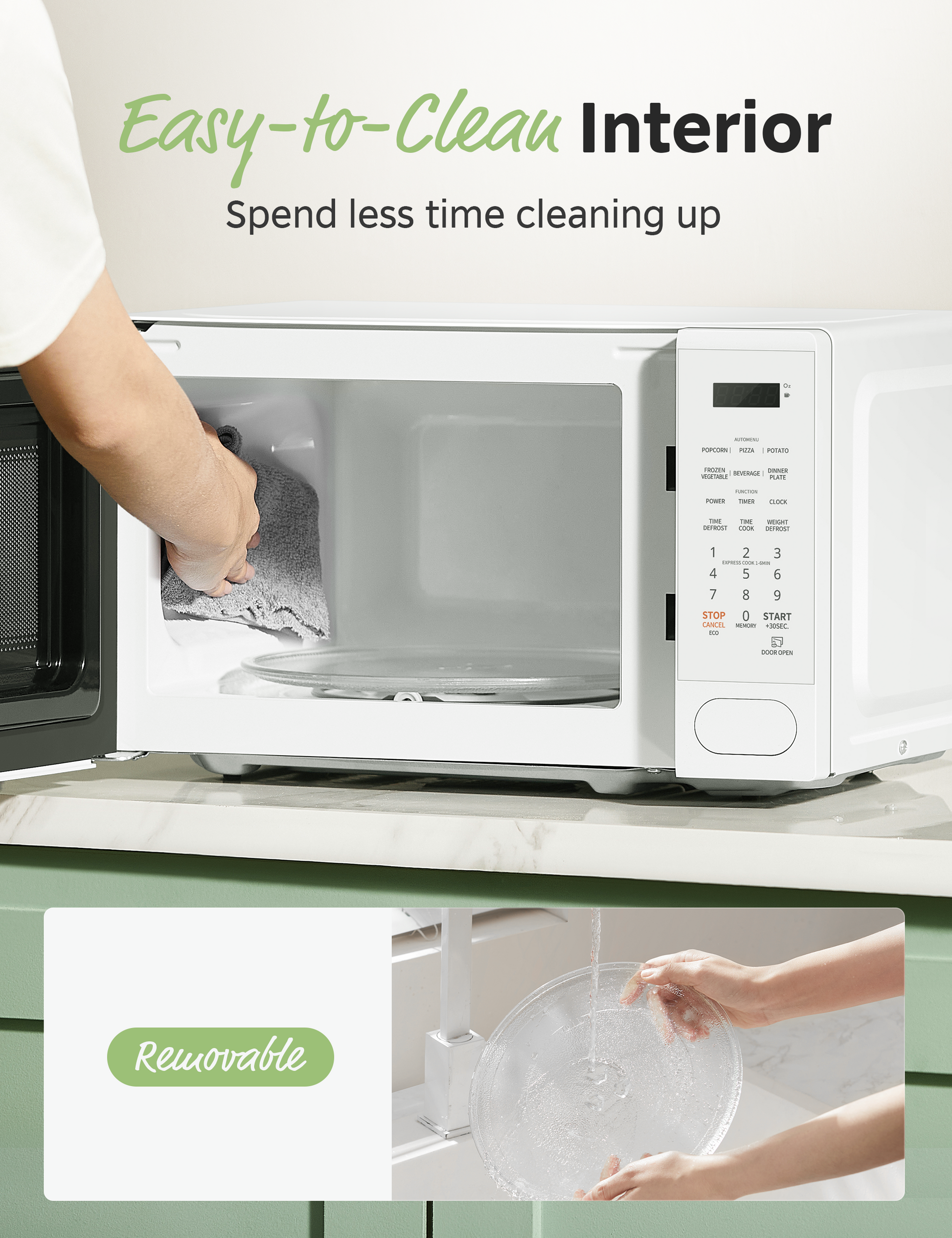 Microwave interior cleaning scene, featuring removable parts for easy maintenance.