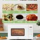 Microwave paired with images of foods (popcorn, pizza, etc.), highlighting 6 convenient auto menus.