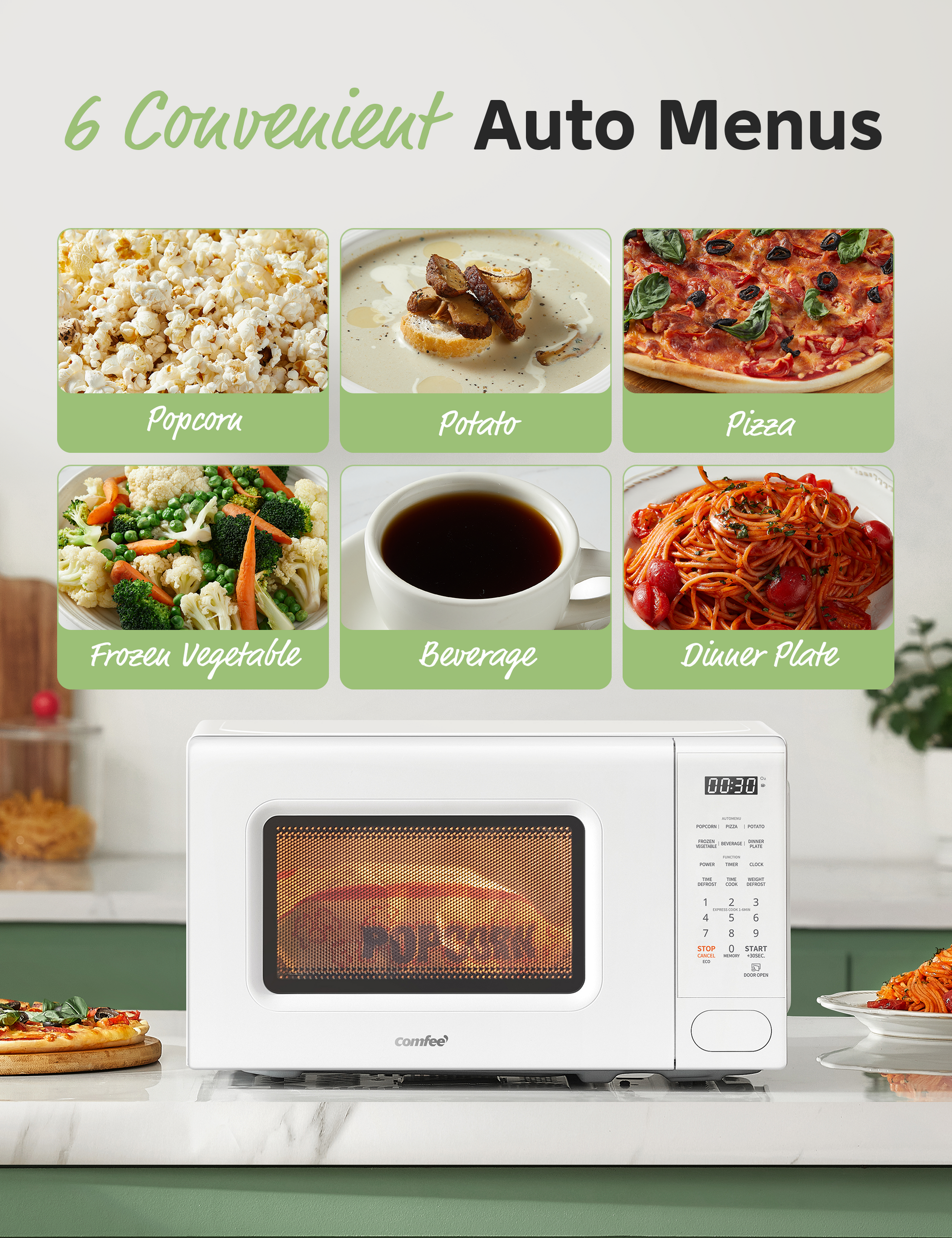 Microwave paired with images of foods (popcorn, pizza, etc.), highlighting 6 convenient auto menus.