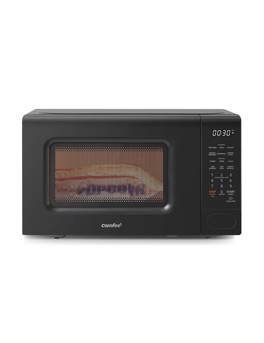 Front view of a black microwave