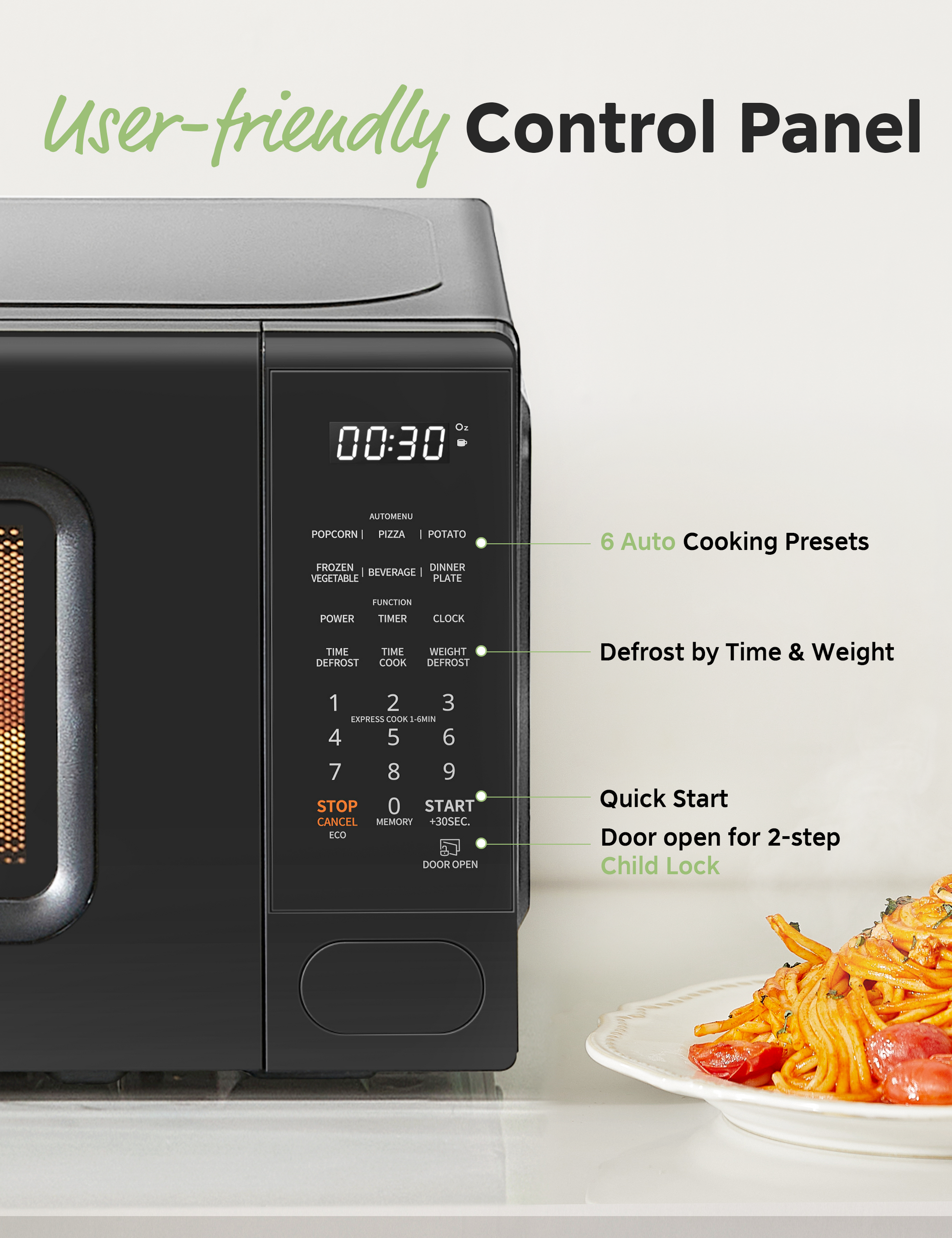 Close-up of microwave’s user-friendly control panel with operation guides.