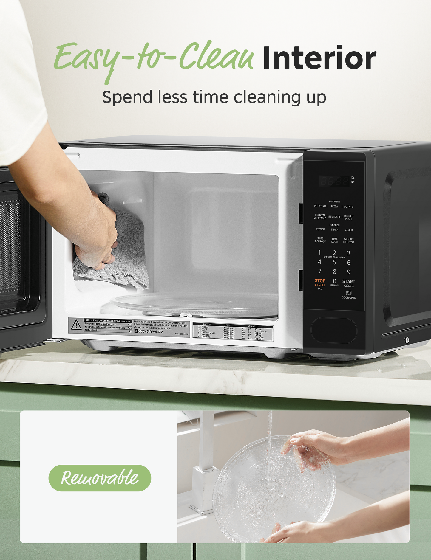 Microwave interior cleaning scene, featuring removable parts for easy maintenance.